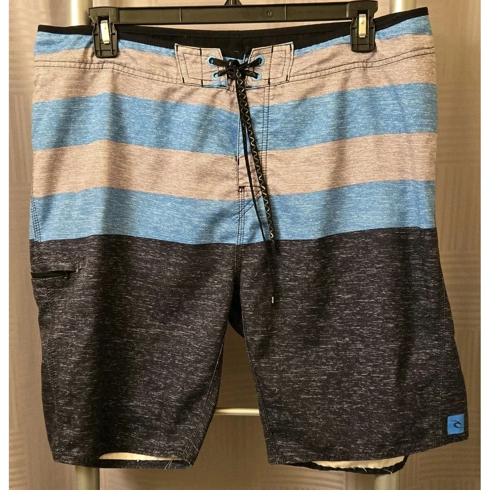 Rip Curl Mens Size 36 (XL) Gray Blue & Navy Striped Mirage Board Short Swim Surf